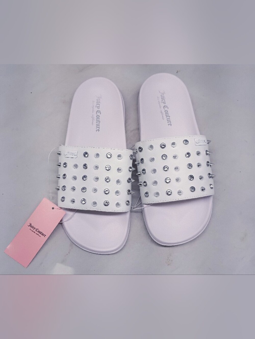 Juicy Couture White Studded Slide Sandals with Crystal Accents size 7